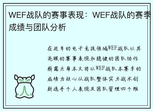 WEF战队的赛事表现：WEF战队的赛季成绩与团队分析