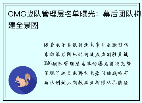 OMG战队管理层名单曝光：幕后团队构建全景图